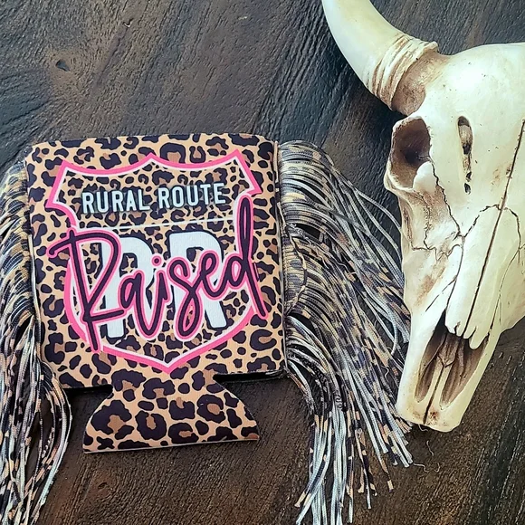 Rural Route Raised Leopard Fringe Western Koozie - Picture 1 of 2